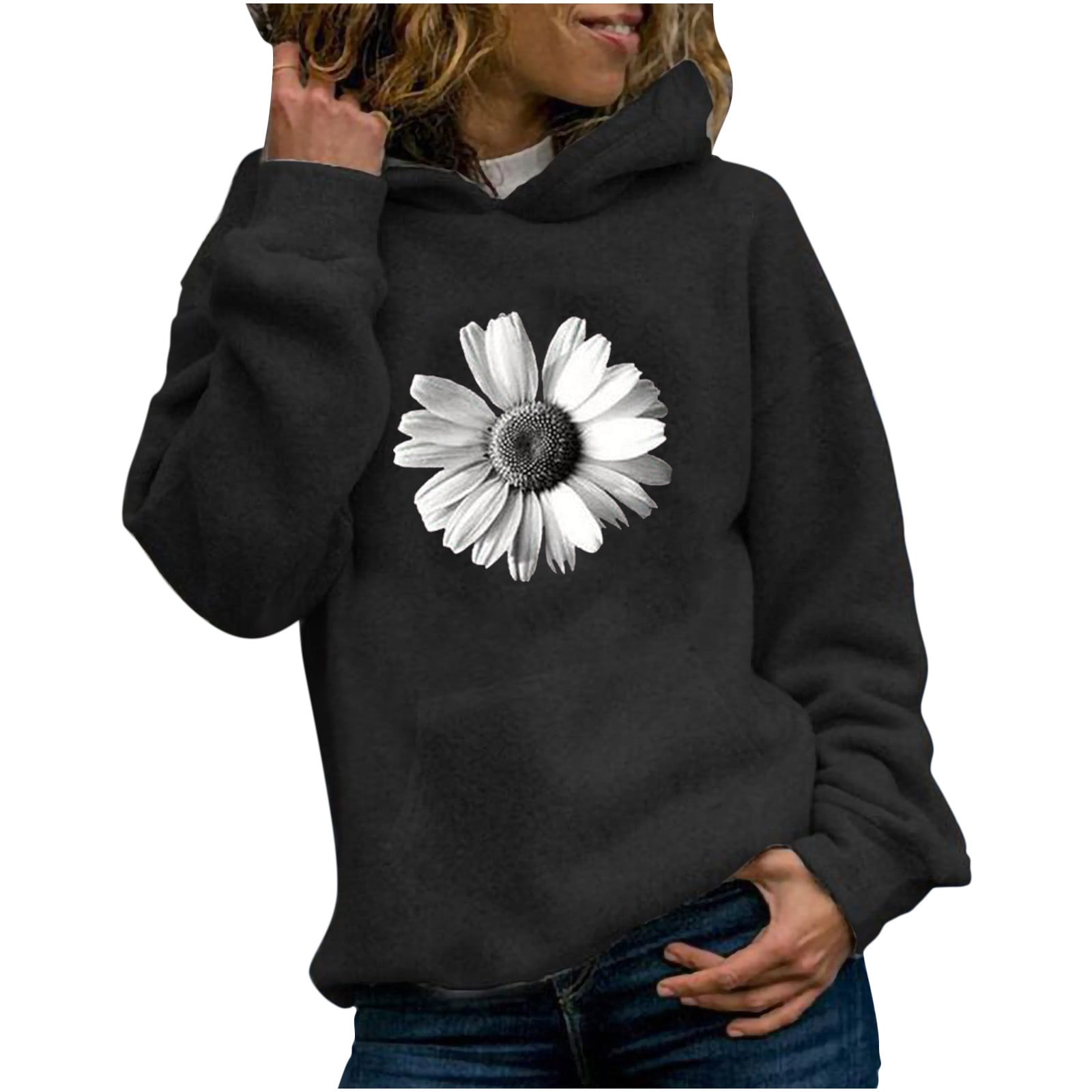 Yyeselk Womens Tops Pullover Hoodies Jumper Tops Sunflower Print Sweatshirt  Hooded Sweater