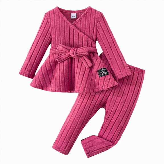 yboeqw Baby Infant Girls Outfit Set Solid Color Ribbed Knit Long Sleeve Tee Top and Pants 2 Piece Fall Clothing Set 6 9 12 18 24 Months,Size 2-3 Years