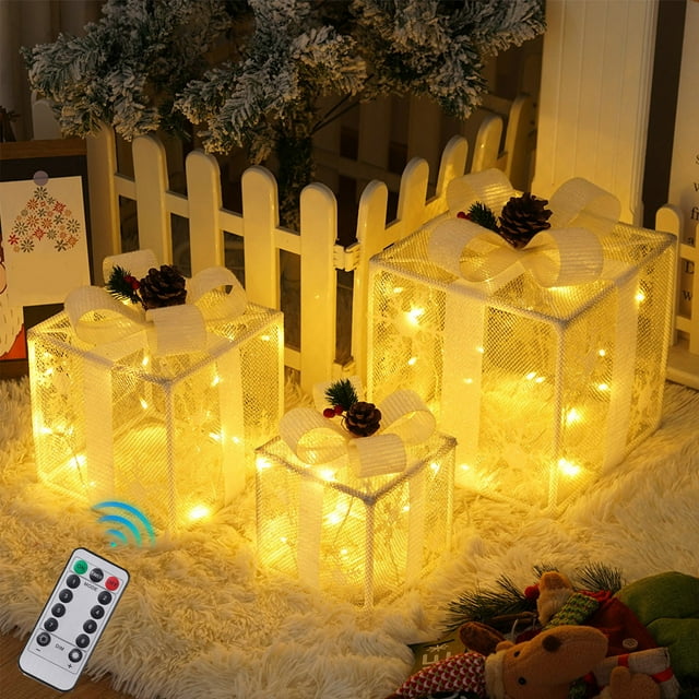 YIMWNYI Christmas Light Box Remote Control Set of 3 LED Gift Box Decoration Outdoor Elevated Holiday Decor, Festive Illuminated Gift Boxes, Perfect for Home, Patio, Yard, Holiday Celebrations