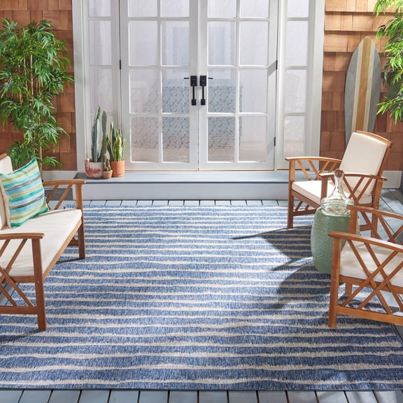 SAFAVIEH Courtyard Lilly Striped Indoor/Outdoor Area Rug, Navy/Grey, 8' x 10'
