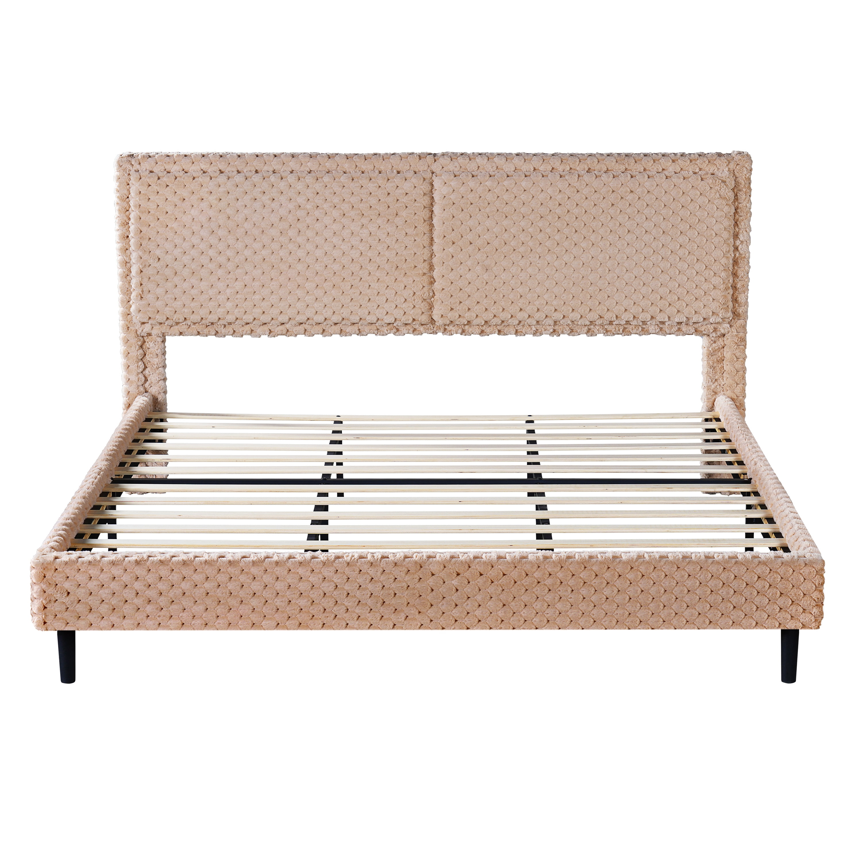 Mintazer King Size Upholstered Platform Bed Frame with Wingback Headboard, Textured Plush Fabric Bed with Metal Support, No Box Spring Needed, Camel