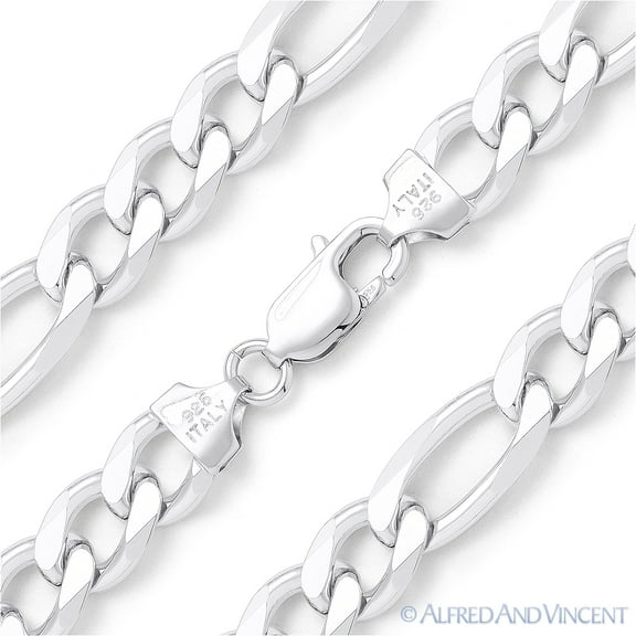 Figaro Link 9.4mm Italian Chain Men's Necklace in .925 Sterling Silver w/ Rhodium