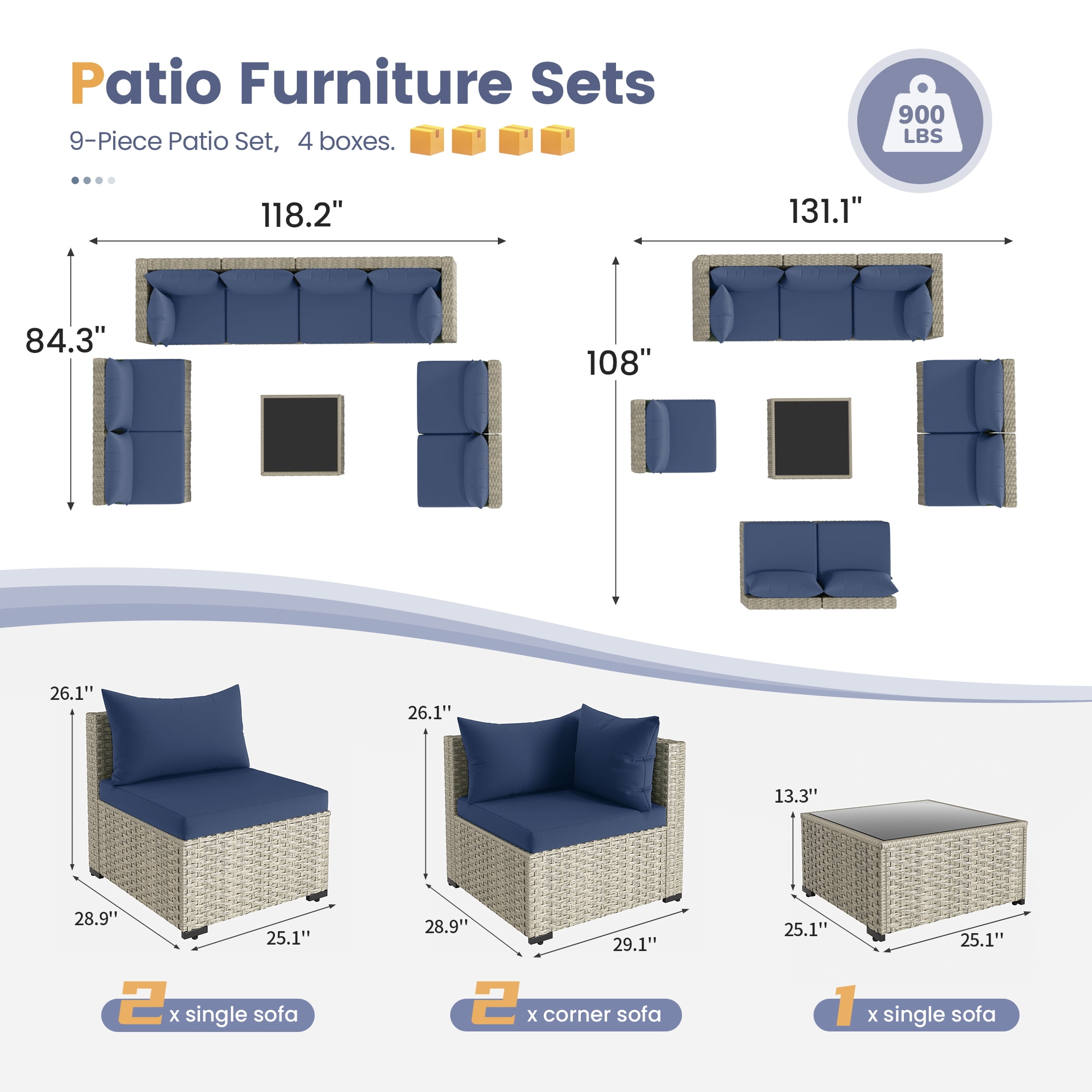 UDPATIO 9 Pieces Outdoor Patio Furniture Set, Outdoor Wicker Patio Conversation Set with Cushions for Backyard, Porch, Garden(Navy)