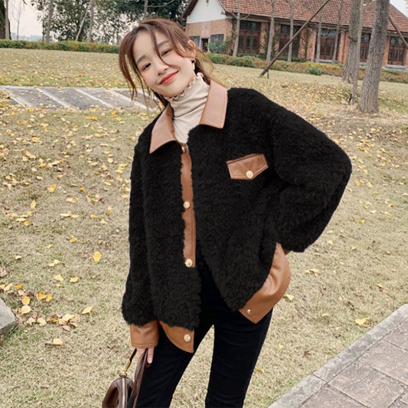 PIKADINGNIS Women Faux Fur Coat Korean Fashion Pu Leather Patchwork Lamb Wool Jackets Woman Winter Turndown Collar Warm Plush Coats - image 5 of 6