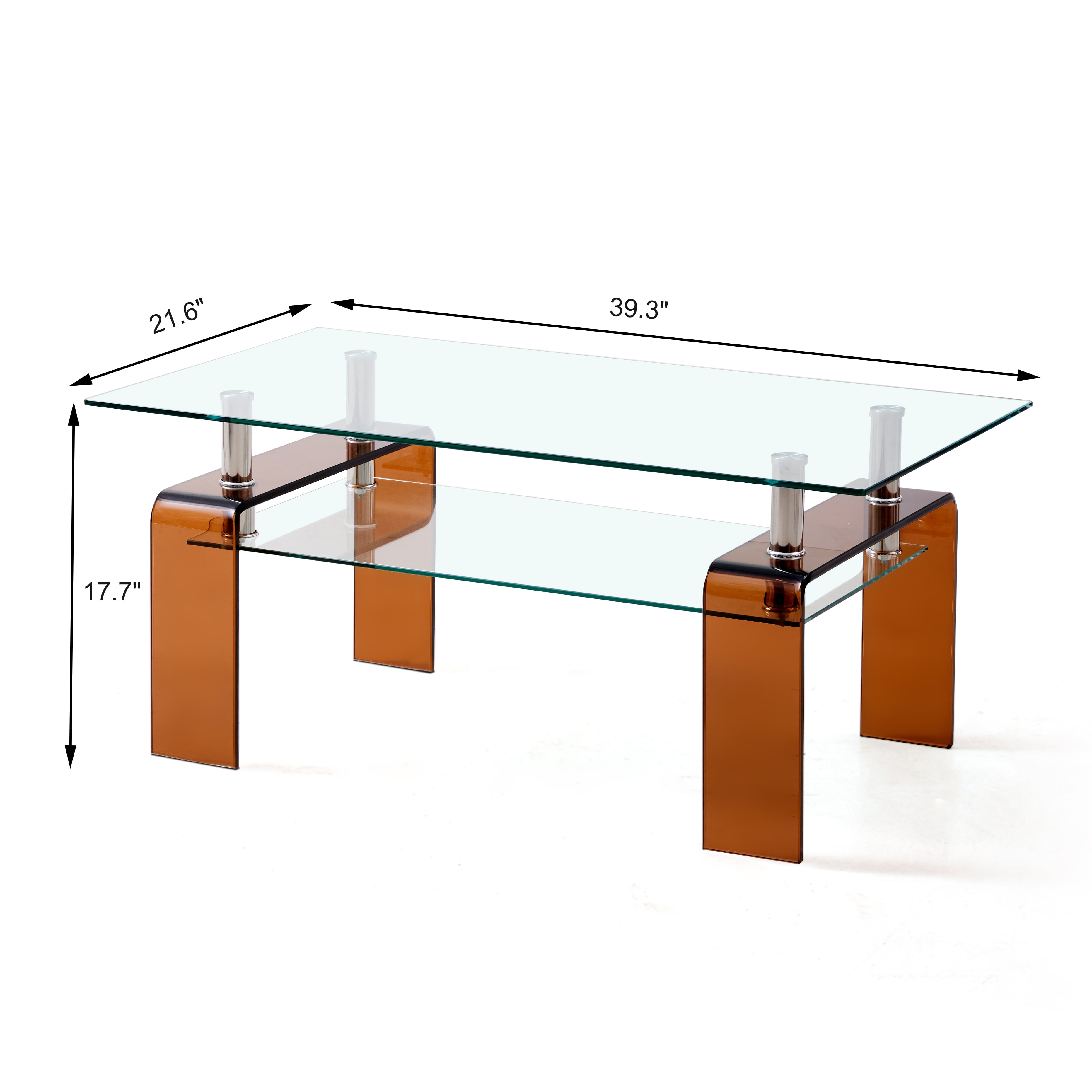 MAYEERTY Tempered Glass Coffee Table, Modern Glass Coffee Table for Living Room, 2-Tier Storage Center Coffee Table with Brown Legs
