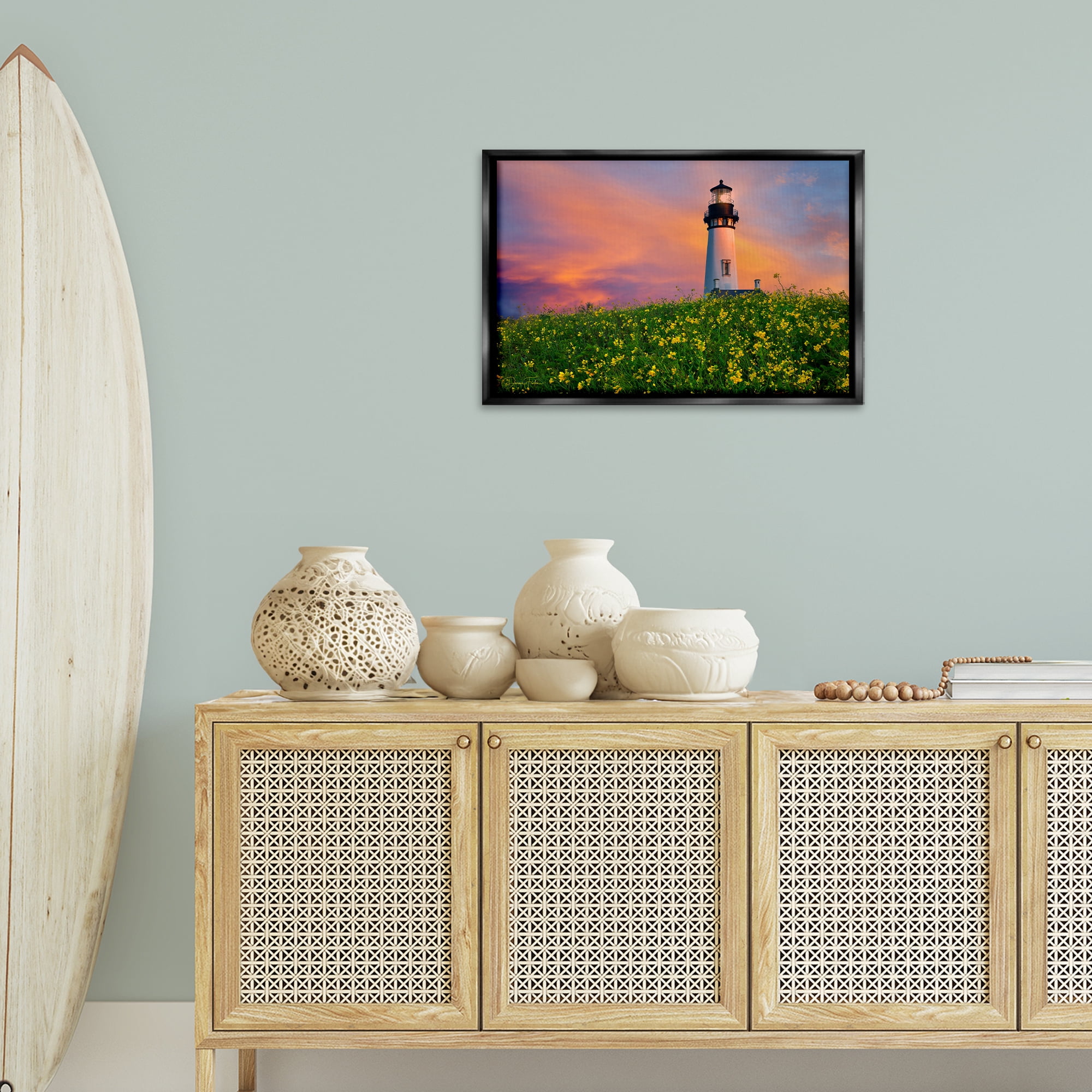 Stupell Industries Lighthouse & Floral Meadow Coastal Photography Black Floater Framed Canvas Art Print Wall Art, 25 x 17