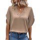 thumbnail image 1 of Blusa de encaje con cuello en V para mujer, manga corta, cómoda, transpirable, camiseta de manga corta, color caqui S, 1 of 5