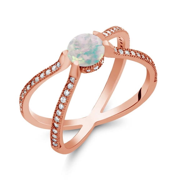 Gem Stone King 0.88 Ct Round Cabochon White Simulated Opal 18K Rose Gold Plated Silver `X` Ring (Size 9)