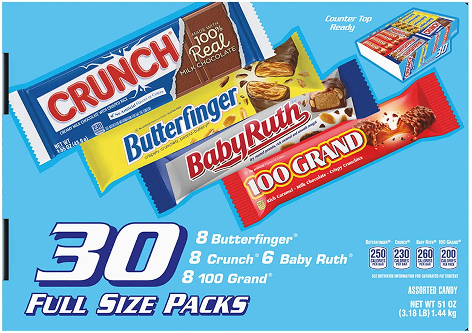 Ferrero Variety Pack 30 Candy Bars (8 Butterfinger, 8Crunch, 8-100 Grand, 6BabyRuth)