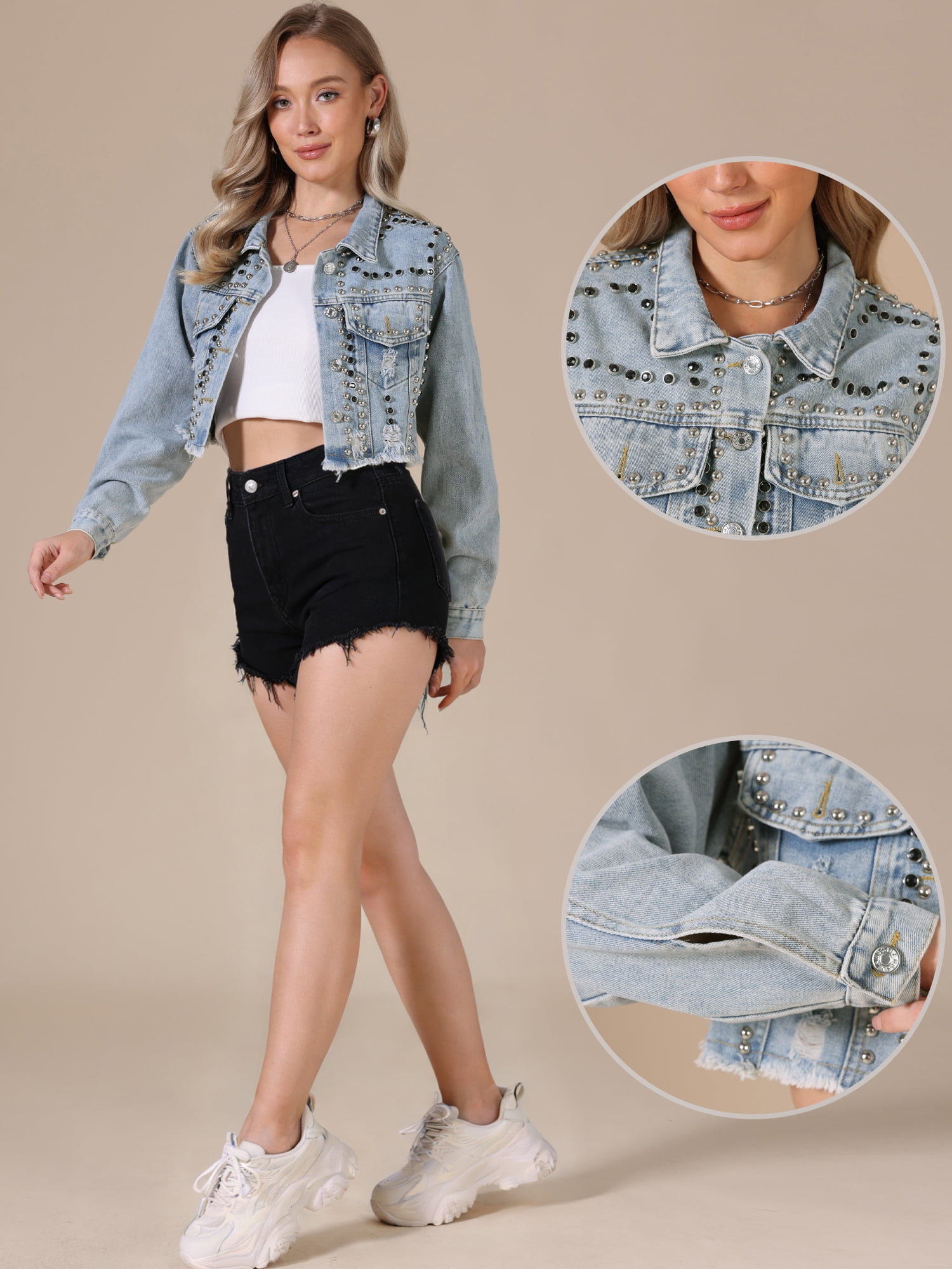 DARING DIVA Women's Rocker Party Rhinestones Denim Jacket S Light Blue