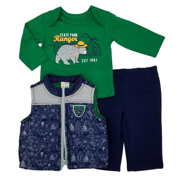 Infant Boys 3-Piece Explore The Wild Outfit Puffer Vest Bear Shirt & Pants Set