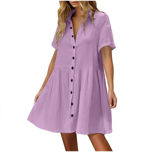 Tumotour Robe d'Été pour Femmes Décontractée Col Rond Plissée Boutonnée Sans Manches Patchwork Mini Robe Ample Fluide Ligne A Courte