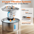 thumbnail image 5 of Cat Water Fountain Stainless Steel, YUWENUS 108oz/3.2L Pet Fountain with Water Level Window Automatic Water Dispenser with 4 Replacement Filters for Cats, Dogs, 5 of 12