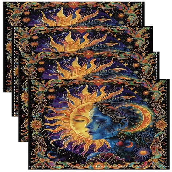 Of 4, Bohemian Sun And Moon Table Mats, Exotic Floral Print Placemats for Kitchen And Dining Table Decor, 12X18 Galaxy Design Place Mats