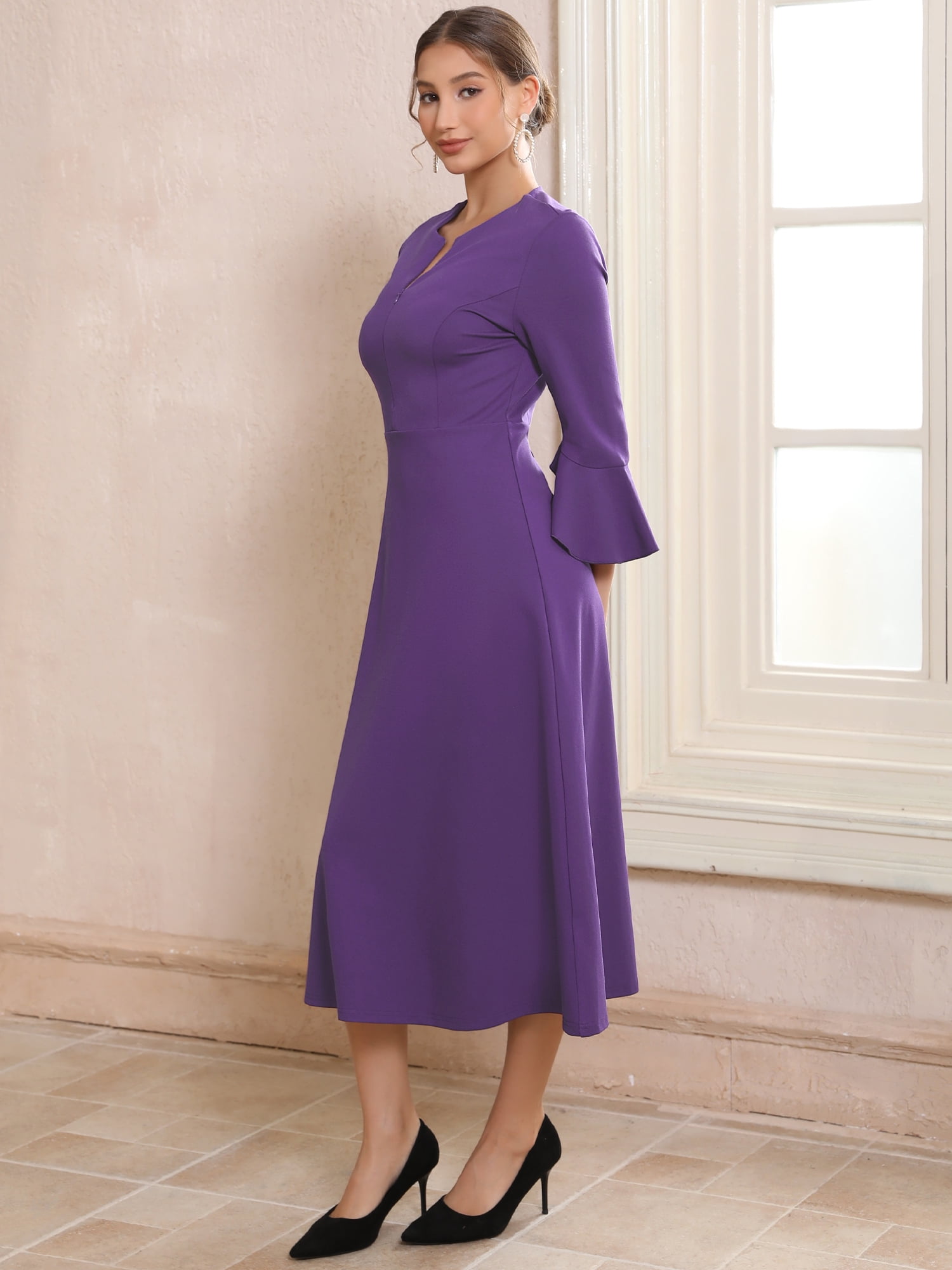 DARING DIVA Women's Zipper Front Bell Sleeves Midi A-Line Dresses 2XL Purple