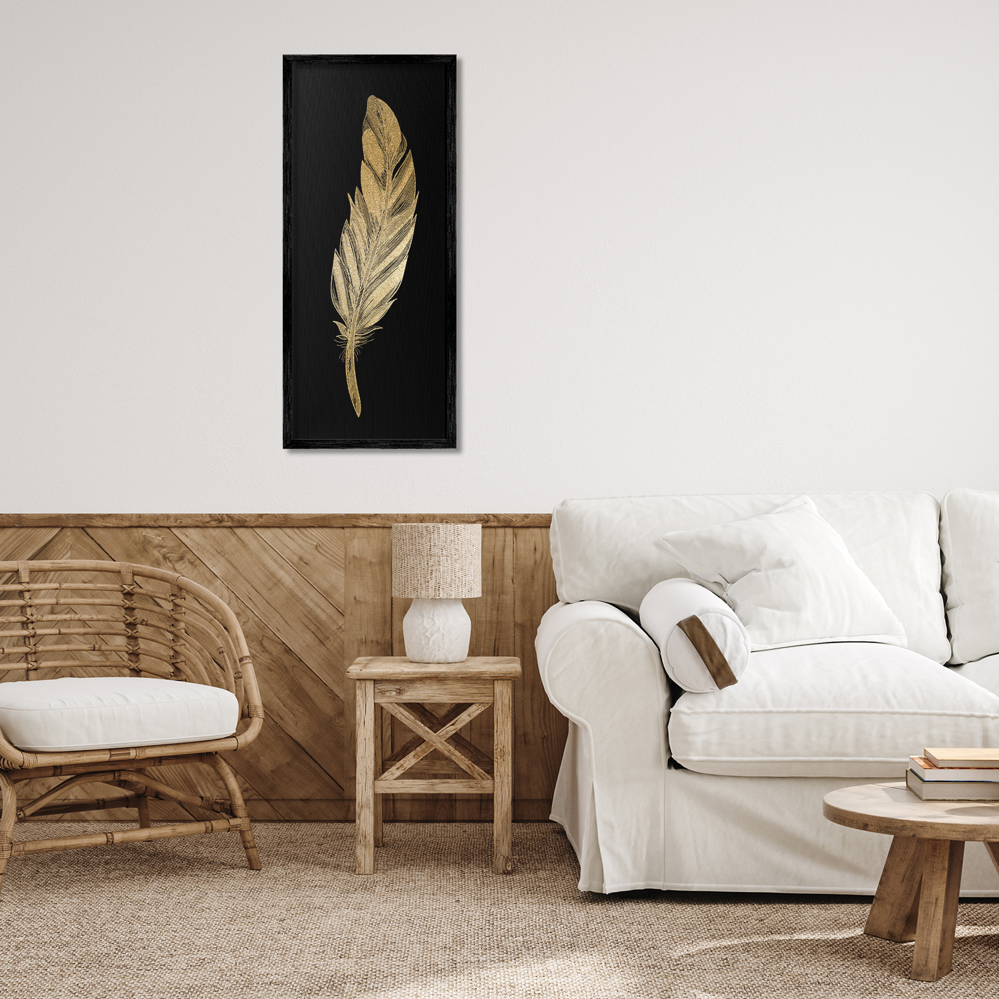 Glam Feather Black & Gold Black Framed Giclee Art, design by Kim Allen