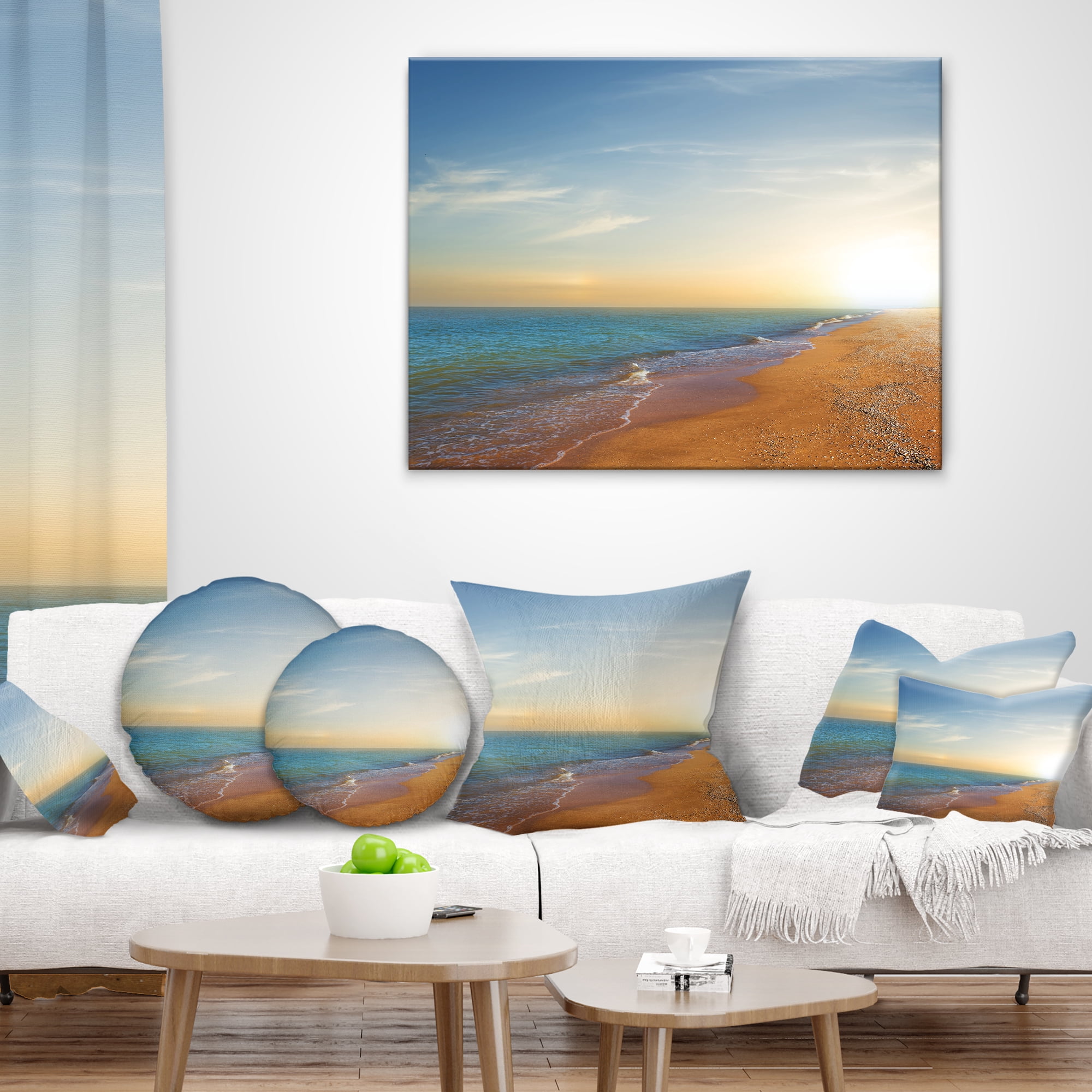 Designart Quiet Evening Blue Beach - Seashore Throw Pillow - 12x20