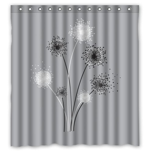 HelloDecor White and Grey Dandelions Shower Curtain Polyester Fabric