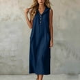 thumbnail image 6 of ClodeEU Women's V Neck Sleeveless Linen Blend Hooded Midi Dress,Casual Loose Fit Dress with Pockets Navy,Women's Plus XXL, 6 of 7