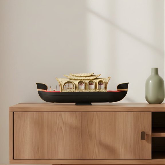 NATRIEL Traditional Kerala House Boat Model, Black and Gold Wooden Ketuvallam Miniature, Handcrafted Decorative Display Piece, (Kumarakam, 46x5x16 cm)