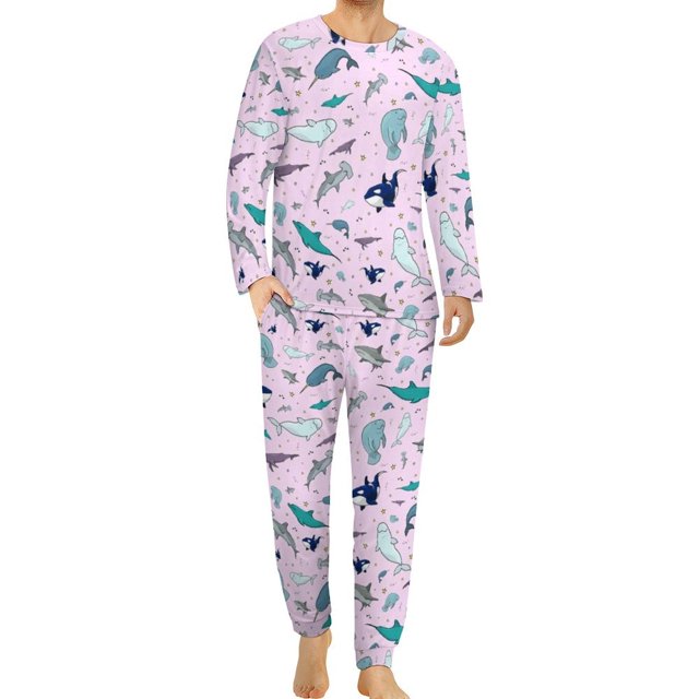 Pijama de tiburón divertido, conjunto de pijama de 2 piezas con estampado de vida marina de manga larga para hombre, ropa de dormir romántica de gran tamaño con gráficos de otoño