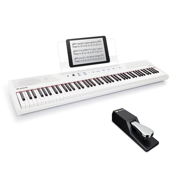 Paquete de piano digital Alesis Recital con M-Audio SP-2 blanco