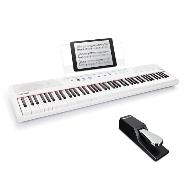 Paquete de piano digital Alesis Recital con M-Audio SP-2 blanco
