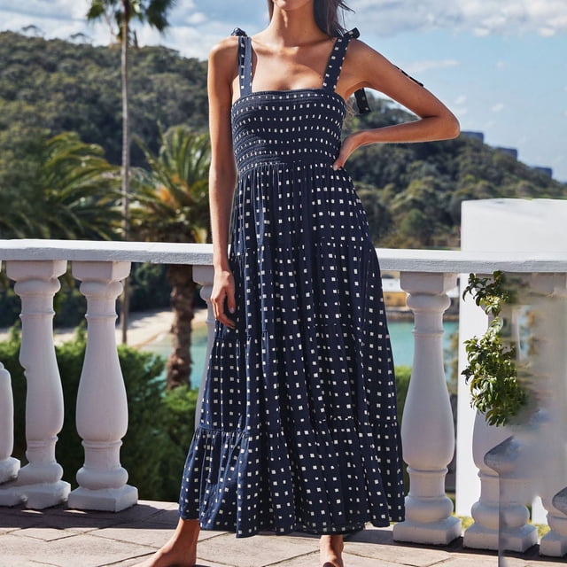 SMihono Robe Maxi Bohème d'Été pour Femmes Grande Taille Bretelles Imprimé Long Pli Taille Élastique Style Vacances Robe de Plage