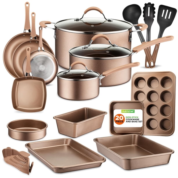nutrichef 20-Piece Nonstick Kitchen Cookware Set - PTFE/PFOA/PFOS-Free Heat Resistant Lacquer Kitchen Ware Pots Baking Pan Set w/Saucepan, Frying Pans, Cooking Pots, Oven Pot, Lids, Utensil, Oro