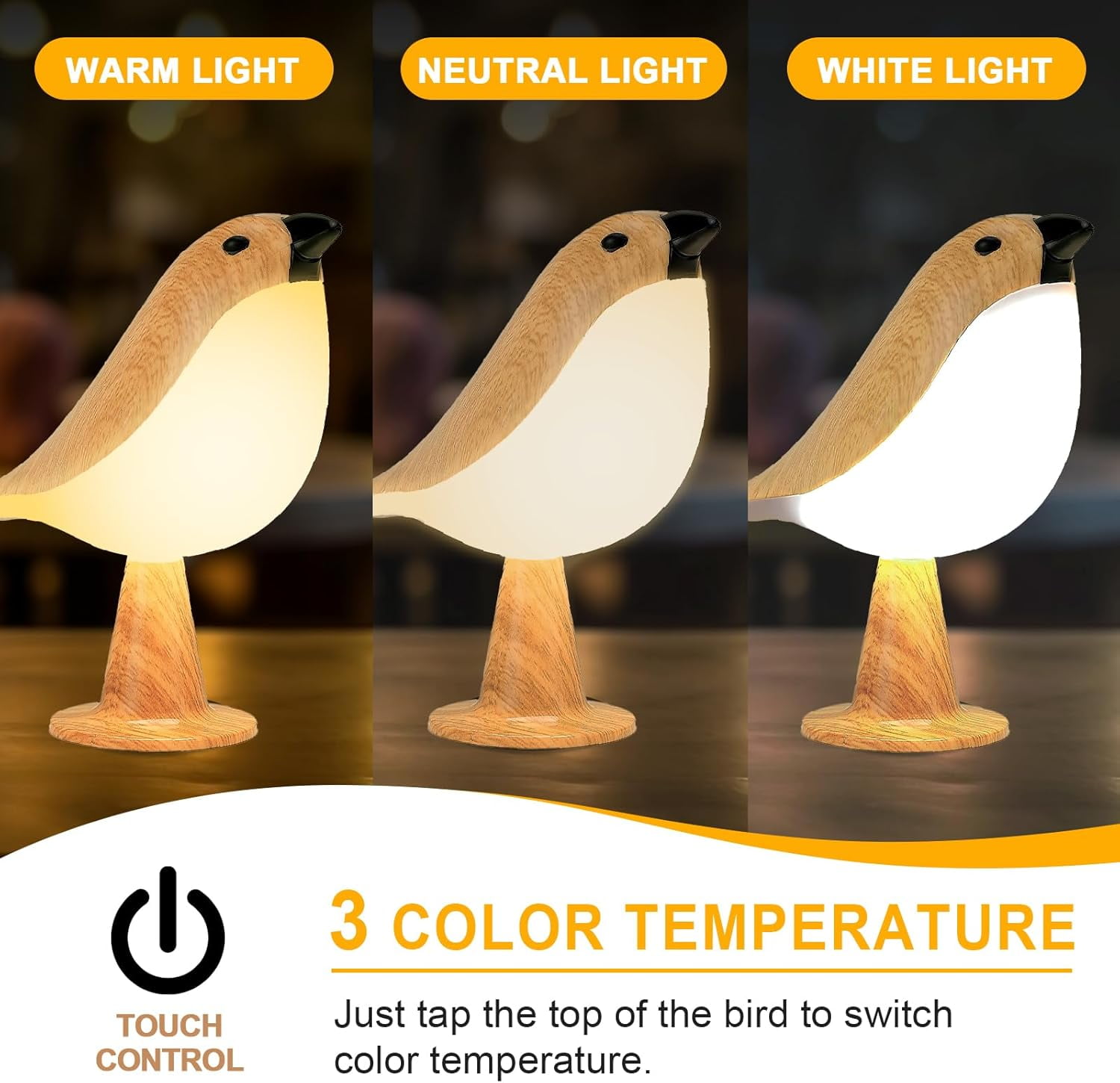 Cute Bird Table Lamp with Timer, Touch Bedside Lamp, Brid Night Light, Cordless Small Desk Lamps Battery Operated Nightstand Lamps, 3-Way Dimmable Light, Rechargeable Decorative Desk Lamp