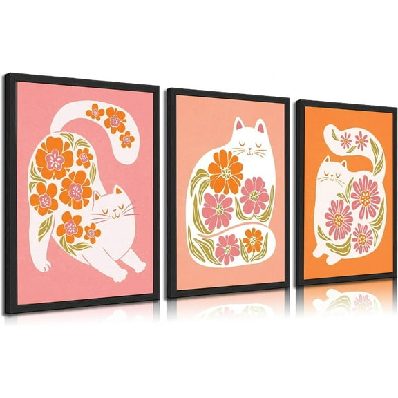 3pcs Boho Cats Canvas Wall Art Funny White Cat Wall Decor Pictures Cute Colorful Floral Cats Posters Prints for Living Room Bedroom Bathroom Nursery Home Decoration Ready To Hang