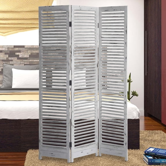 Minimal Wooden Screen with 3 Panels and Shutter Design, White - Saltoro Sherpi