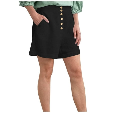 

YanHoo Women s Baggy Linen Shorts Buttons High Waist Wide Leg Pants Summer Solid Casual Shorts with Pockets