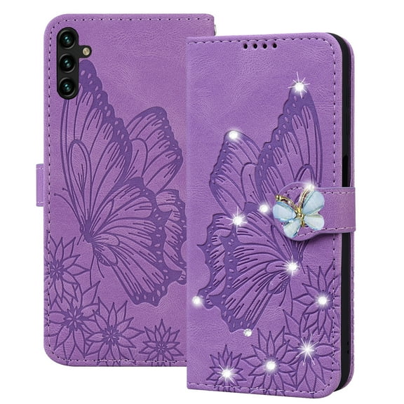Dteck for Samsugn Galaxy A14 5G Case Wallet with Credit Card Slots Sparkle Diamond Rhinestone Butterfly Cute for Girls PU Leather Magnetic Closure Folio Flip Phone Cover for Samsung A14 5G,Purple