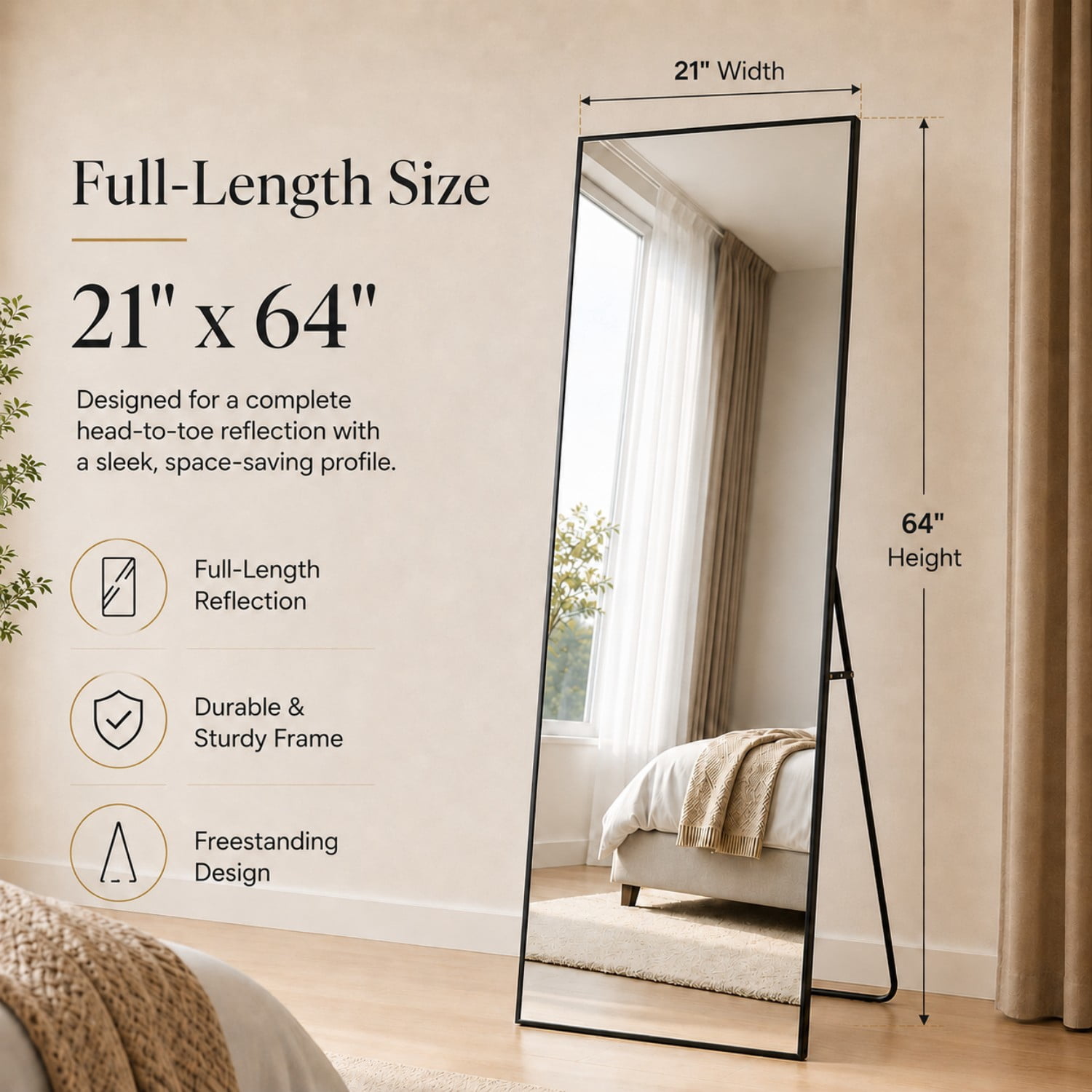 BEAUTYPEAK 64"x21" Full Length Mirror Rectangle Body Dressing Floor Standing Mirrors, Black