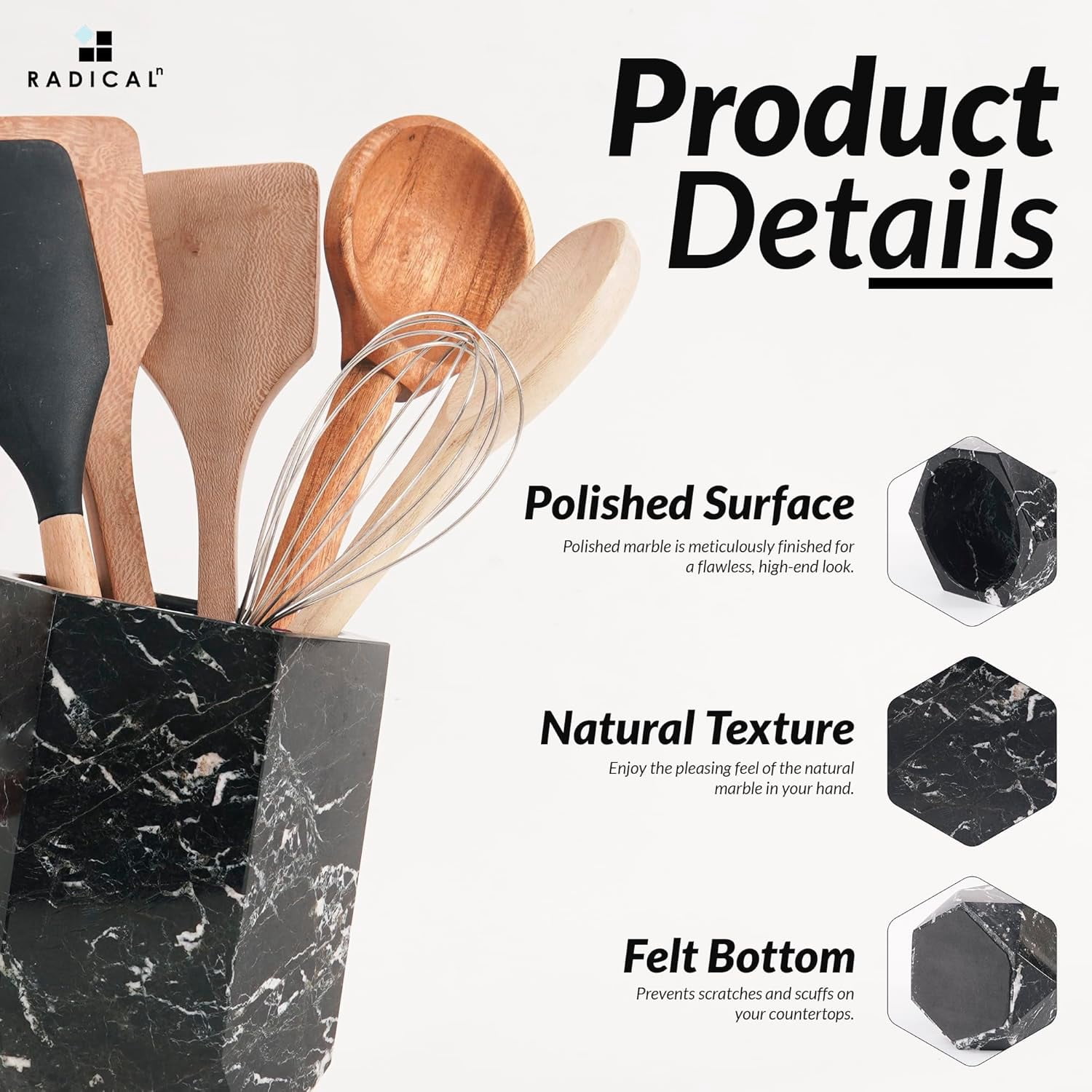 Radicaln Marble Utensil Holder 6.5" Black Handmade Kitchen Utensil Organizer – Durable Cooking Utensil Holder and Spoon Holder for Countertop, Modern Kitchen Décor & Everyday Utensil Caddy