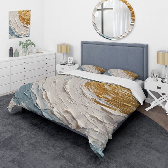 Designart "Vibrant Spirals in Gold and Blue II" Abstract Spirals Bedding Covert Set - Abstract Gold Modern Bed Set With 2 Shams