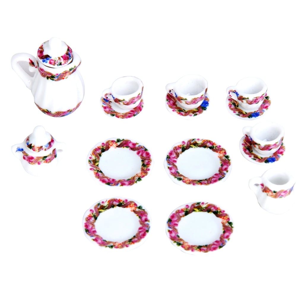 15pcs Dollhouse Miniature Dining Ware Porcelain Tea Set Dish Cup Plate Print 