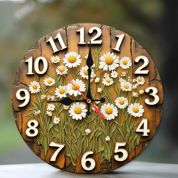 Wooden Daisy Flower Wall Clock Farmhouse Decor 10-Inch Silent Wooden Wall Clock, Battery Operated (AA Batteries Not Included), Artistic Home Decor