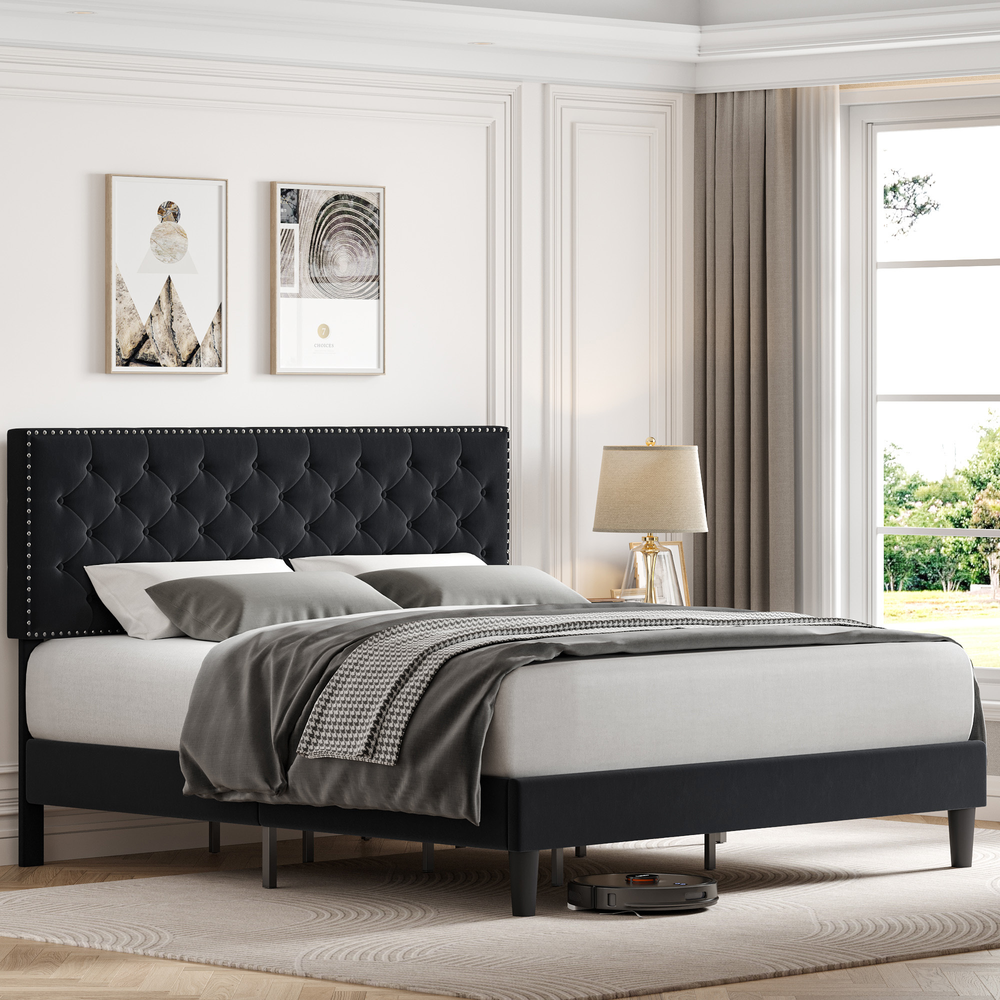 Homfa King Size Bed, Modern Upholstered Platform Bed Frame with Adjustable Headboard for Bedroom, Black - image 3 of 7