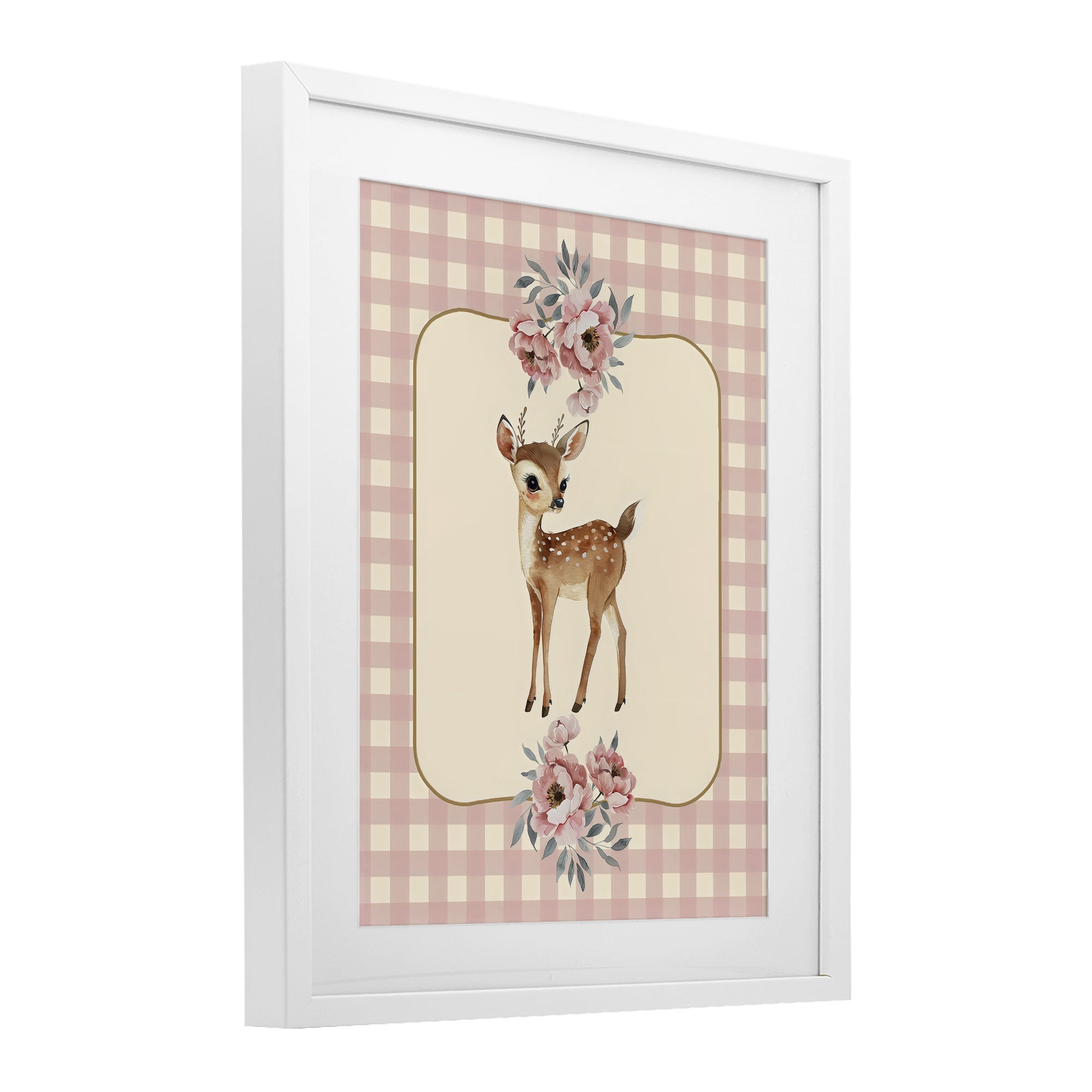 Stupell Industries Baby Deer Pink Gingham White Framed Print Under Glass, design by LSR Design Studio