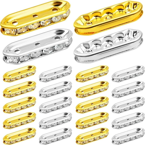 100pcs 3-Hole 6 Diamond Spacer Bars Rhinestone Spacer Bars Metal Spacers Bar Link Connectors for Multi Strand Bracelet DIY Jewelry Making, Golden and Silver