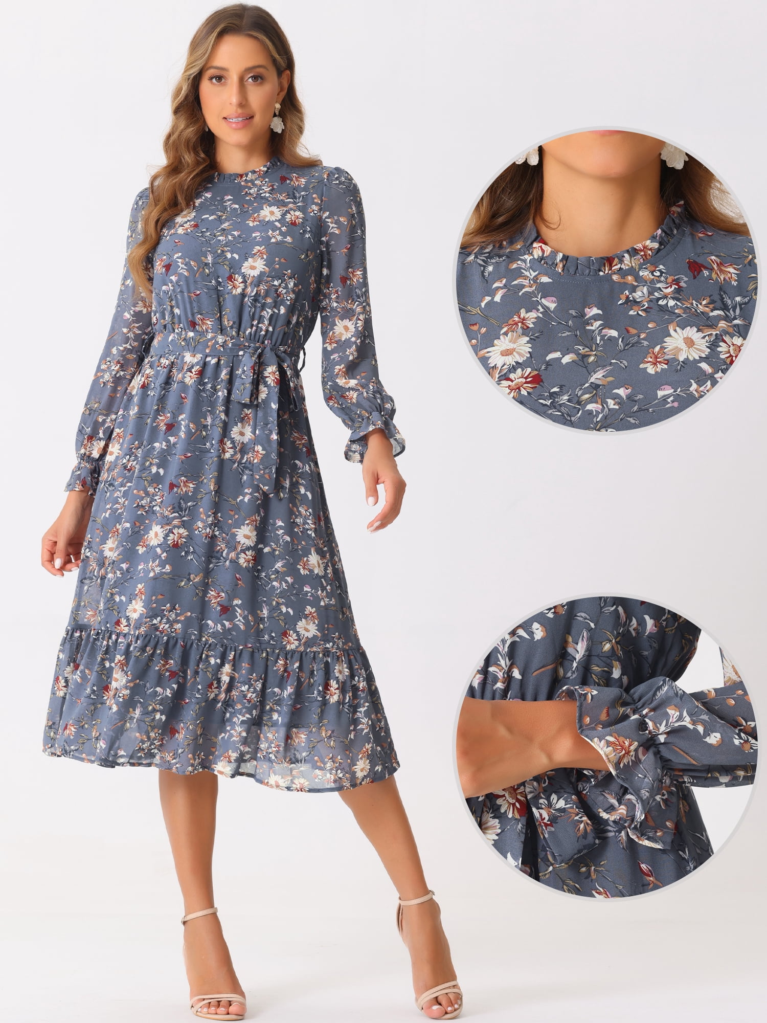 DARING DIVA Fall Floral Long Sleeve Chiffon Midi Dress L Grey Blue