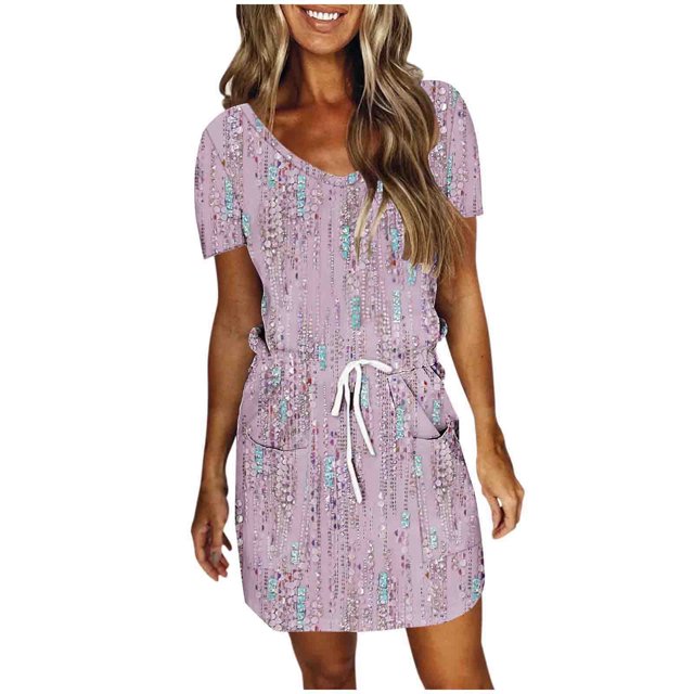 Mini Vestido de Verano Color Sólido Cuello en V Manga Corta Vestido de Becerro Medio, Vestido Corto de Verano
