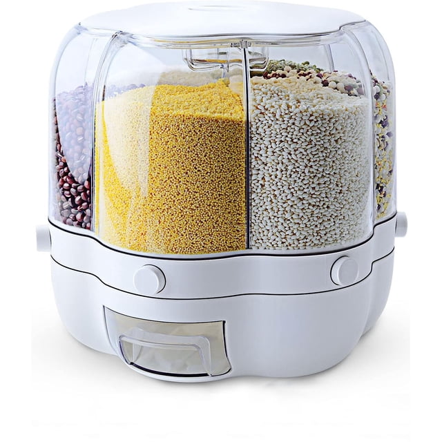 Amdohai Grain Dispenser, 11 Qt Rotating Storage Container, 6-Compartment Dry Food Dispenser with Measuring Cup for Kitchen Small Grains, Beans, Rice (11Qt)