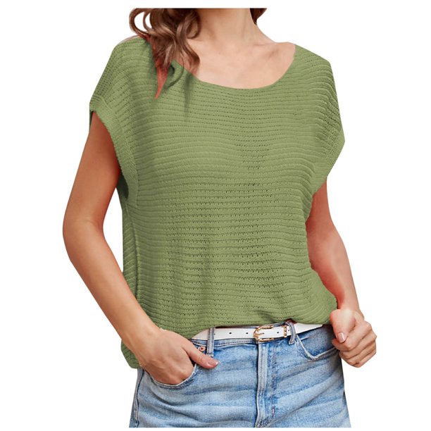Camisas de Manga Corta Mujeres de Moda de Color Sólido Cuello Redondo de Punto Superior, Grande Blusa de Poliéster Casual para el Verano Al Aire Libre Y el Uso Diario