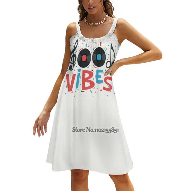 Good Vibes Robe à Encolure Carrée Robe d'Été Femmes Élégante Robe à Imprimé Licou Good Vibes Type Typographie Lettrage Rouge Bleu