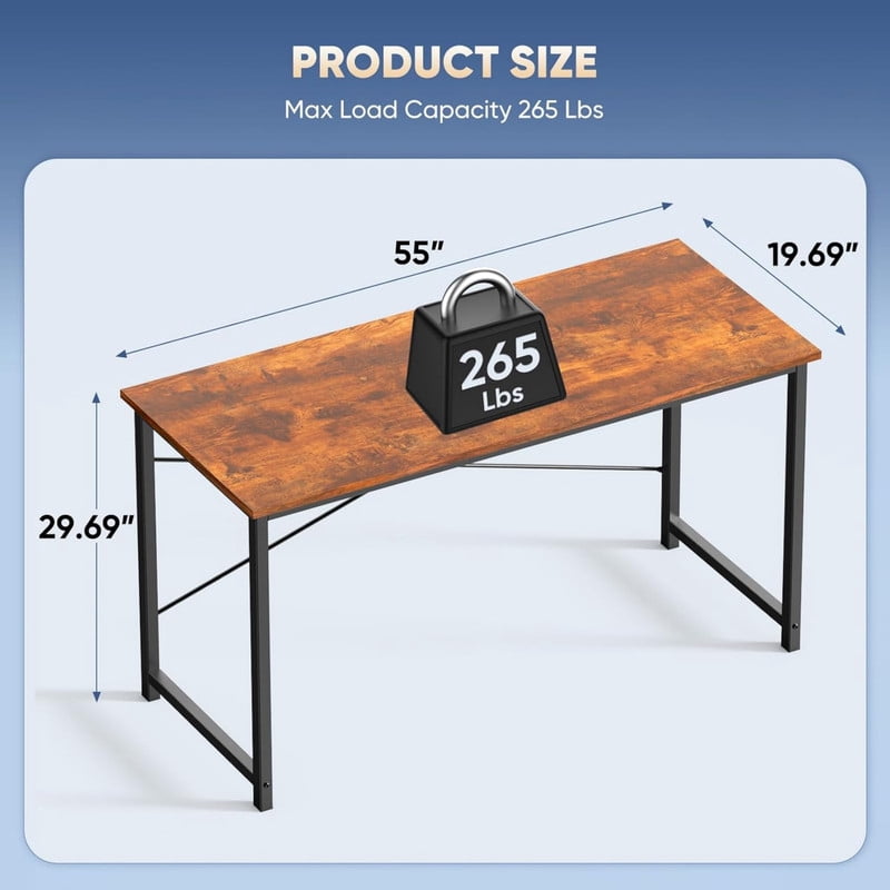 Kelno 55" Computer Desk Gaming Table Home Office Writing Study Workstation with Sturdy Metal Frame, Rustic Brown