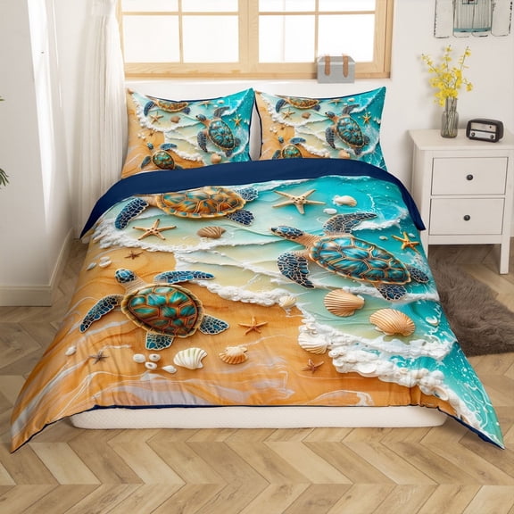 Erosebridal Sea Turtle Starfish Comforter Cover Queen,Marine Beach Seashell Bedding Sets Queen Size,Underwater World Decor,Reversible,3pcs(No Comforter)