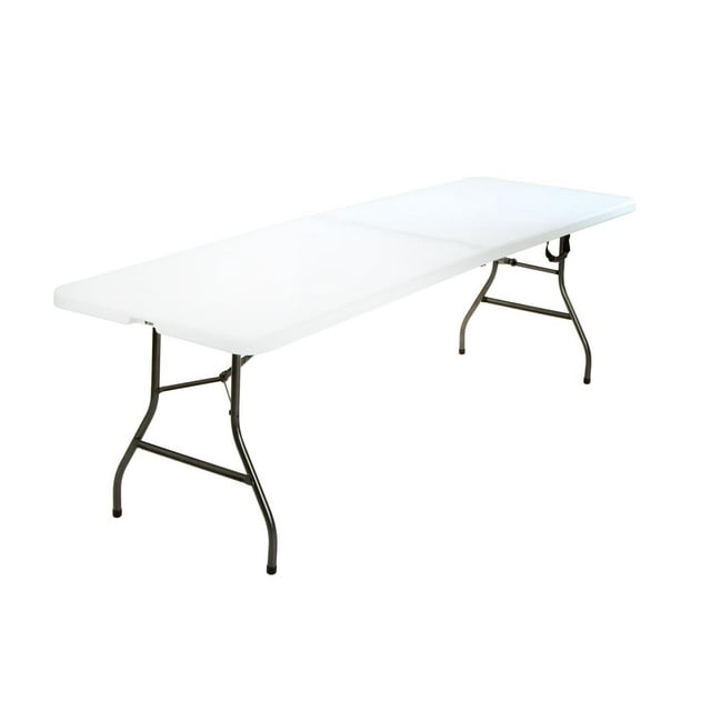 COSCO 8 ft. white fold-in-half banquet table with black metal legs and built-in handle for portability.